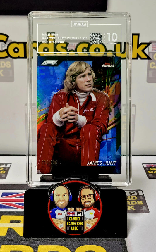 James Hunt  200/200 Blue Refractor - TAG 10 #24/Common - Topps Finest F1 2024 - Graded Slab Cert: E3212055
