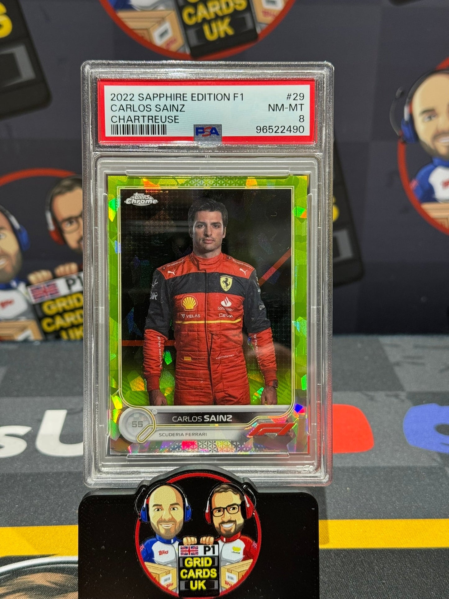 Carlos Sainz Portrait Chartreuse 36/199 #29 PSA 8 Slab - Topps F1 Sapphire 2022