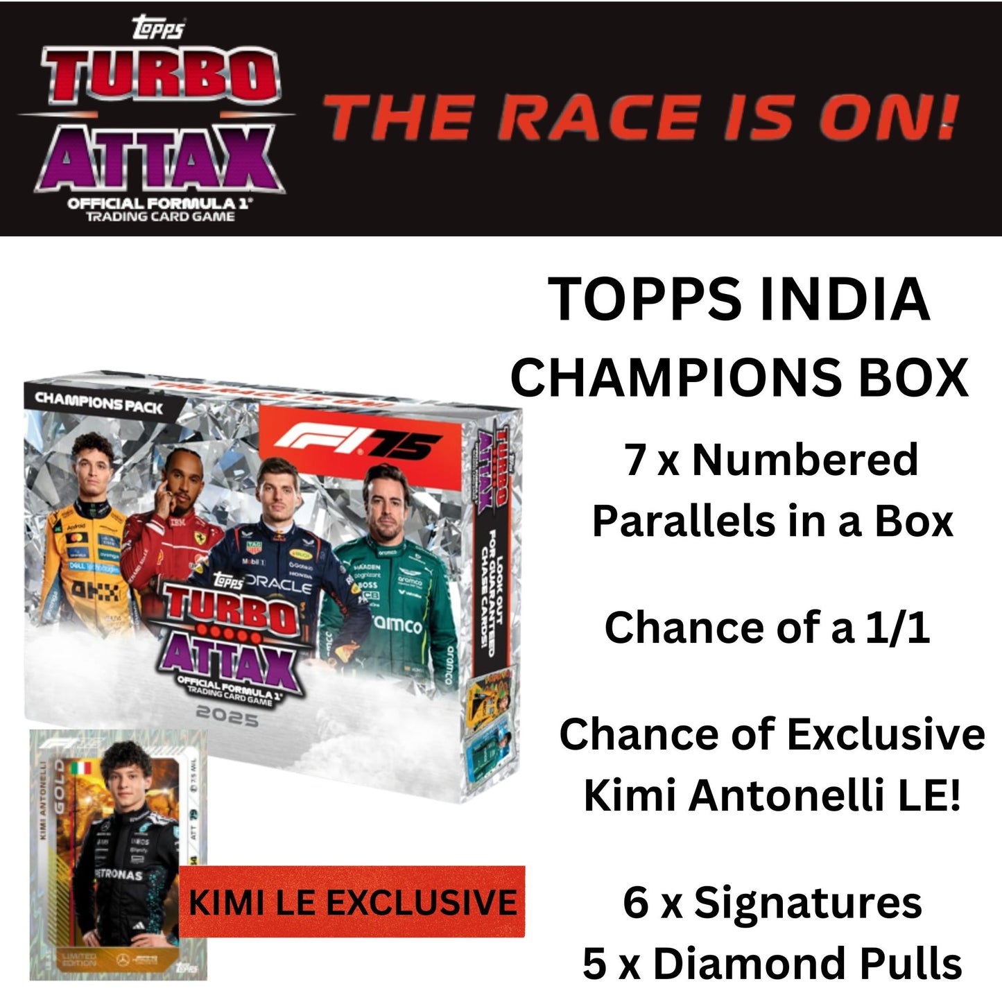5 x Champions Boxes – Topps India F1 Turbo Attax 2025 (NEW & Sealed)