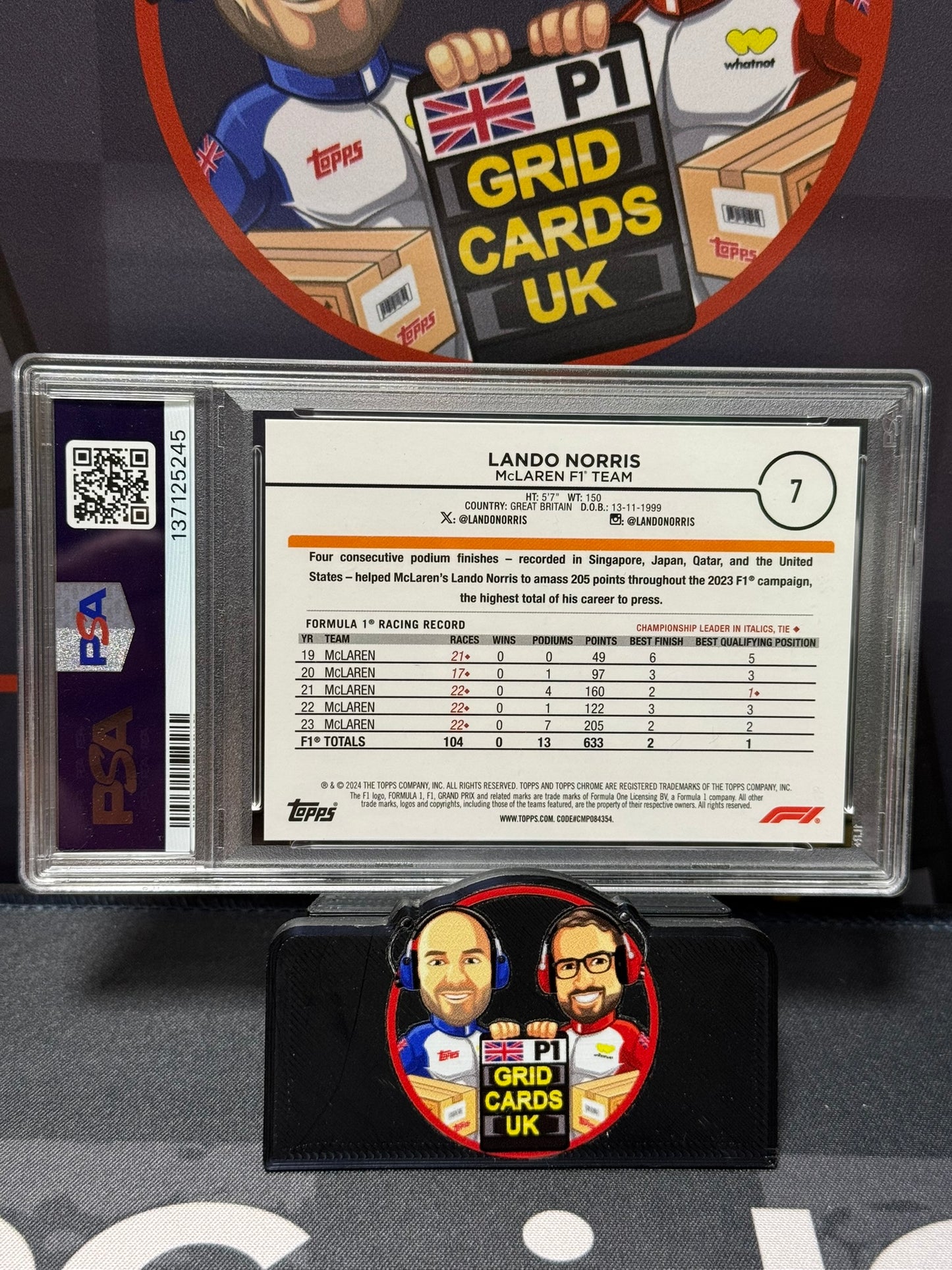 Lando Norris 1/1 Portrait Rose Gold #7 - Topps F1 Chrome Logo Fractor Edition 2024 PSA 8 137125245