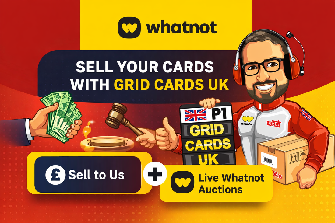 Sell or consign your Formula 1 trading cards with Grid Cards UK. Learn how to sell direct or consign cards for live Whatnot auctions in the UK.