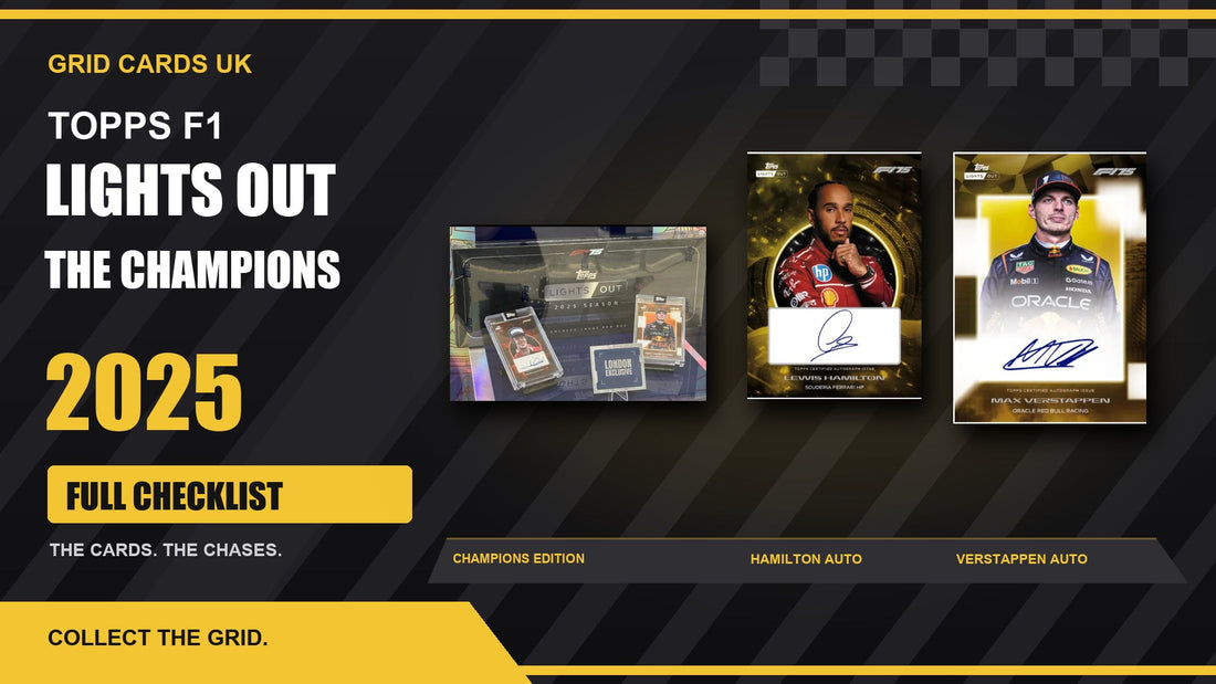 Topps F1 Lights Out 2025 'The Champions' Edition – Checklist and Guide! – product box and featured cards