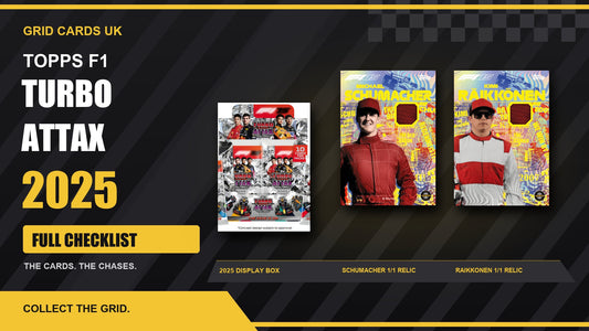 F1 Turbo Attax 2025 - Checklist – product box and featured cards