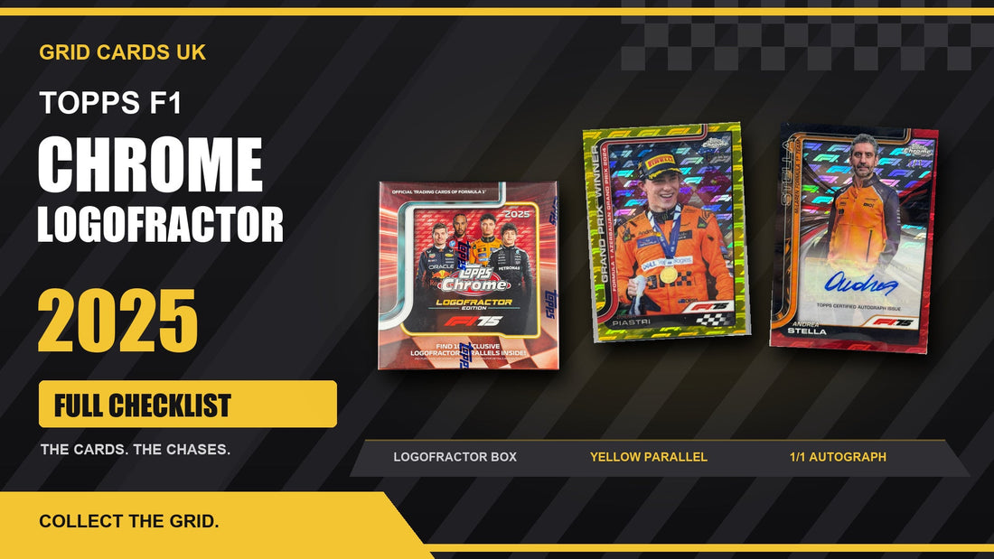 2025 Topps Chrome F1 Logofractor checklist featuring the Logofractor box, Oscar Piastri yellow parallel and Andrea Stella 1/1 autograph