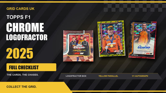 2025 Topps Chrome F1 Logofractor checklist featuring the Logofractor box, Oscar Piastri yellow parallel and Andrea Stella 1/1 autograph