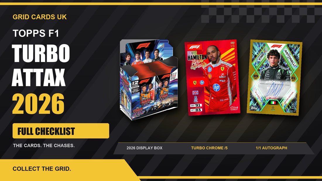 Topps F1 Turbo Attax 2026 full checklist with a display box, Lewis Hamilton Turbo Chrome /5 and Kimi Antonelli 1/1 autograph
