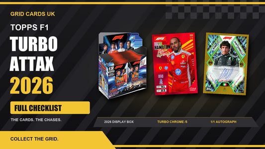 Topps F1 Turbo Attax 2026 full checklist with a display box, Lewis Hamilton Turbo Chrome /5 and Kimi Antonelli 1/1 autograph