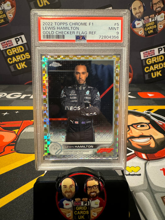 Lewis Hamilton 23/50 Gold Checker Flag #5 - Chrome 2022 - PSA 9