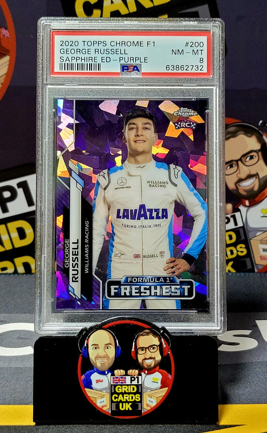 George Russell 06/10 Sapphire Purple - PSA 8 #200/RC - Topps Chrome F1 2020 - Graded Slab Cert: 63862732
