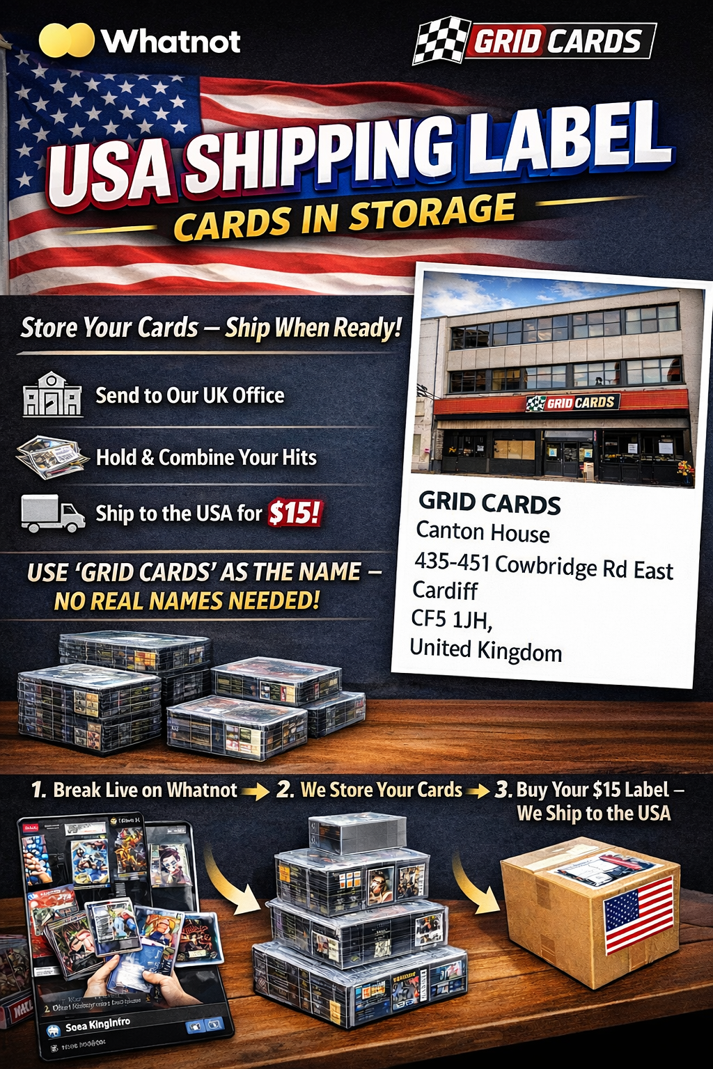 Whatnot USA Shipping Label – Store & Ship Later (Grid Cards)