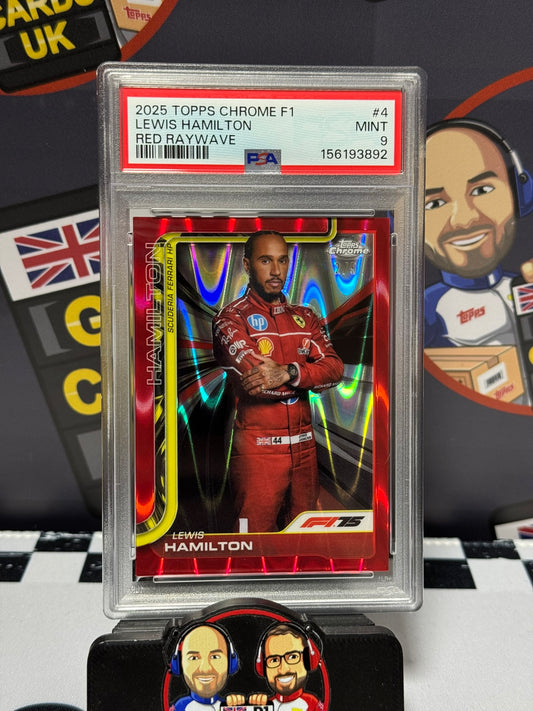 Lewis Hamilton RED RAYWAVE 2/5 - Topps 2025 Chrome Ferrari Portrait - PSA 9