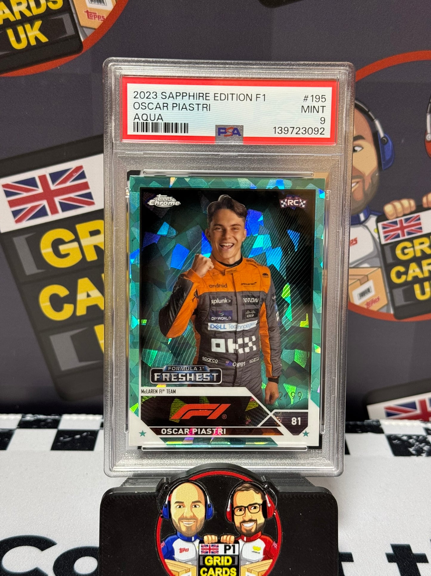 Oscar Piastri Freshest AQUA /99 Rookie RC - Topps 2023 Chrome Sapphire - PSA 9