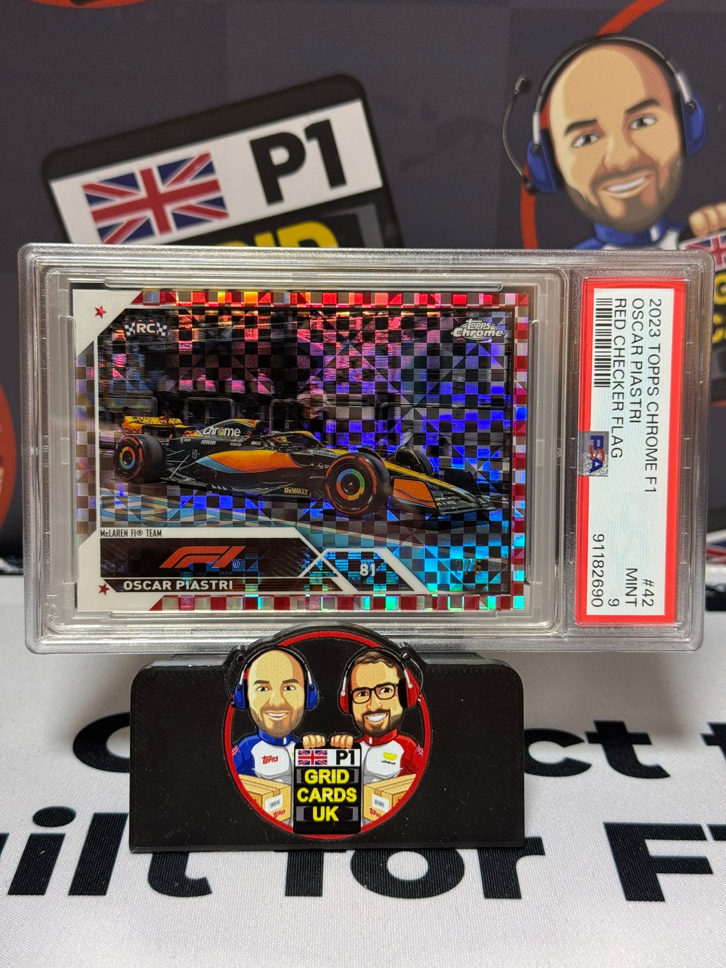 Oscar Piastri Car RED CHECKER FLAG /5 Rookie RC - Topps 2023 Chrome - PSA 9