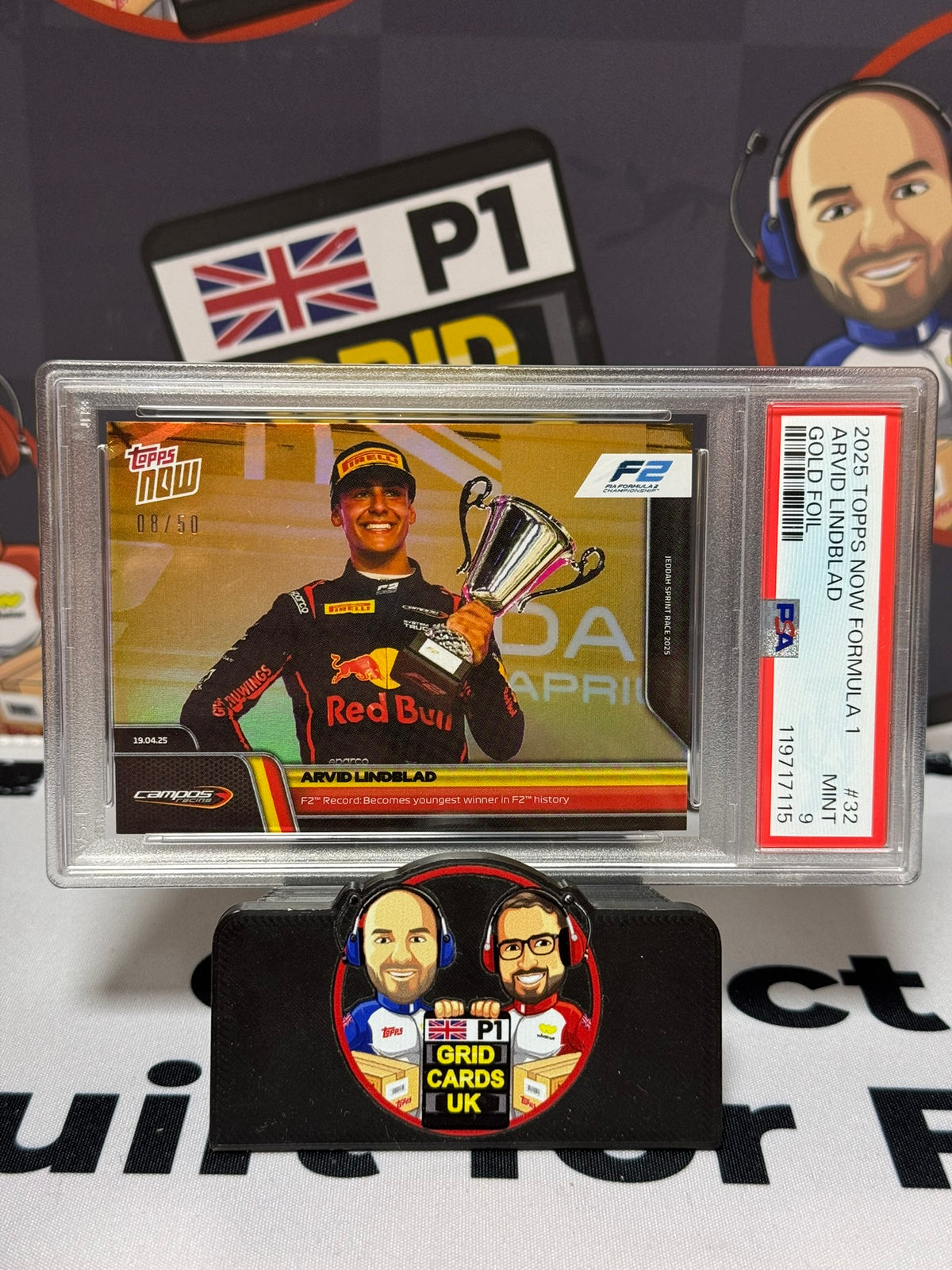 Arvid Lindblad Youngest F2 Winner GOLD 08/50 - Topps 2025 NOW - PSA 9