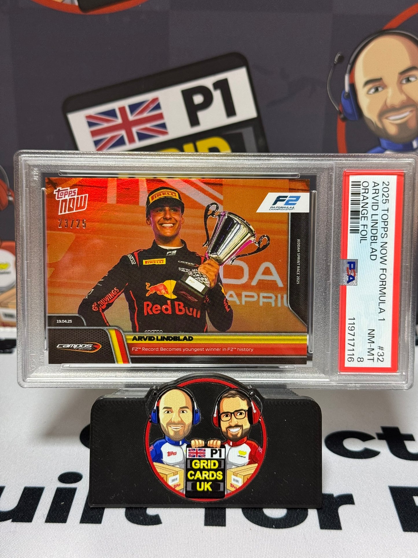 Arvid Lindblad Youngest F2 Winner ORANGE 23/25 - Topps 2025 NOW - PSA 8