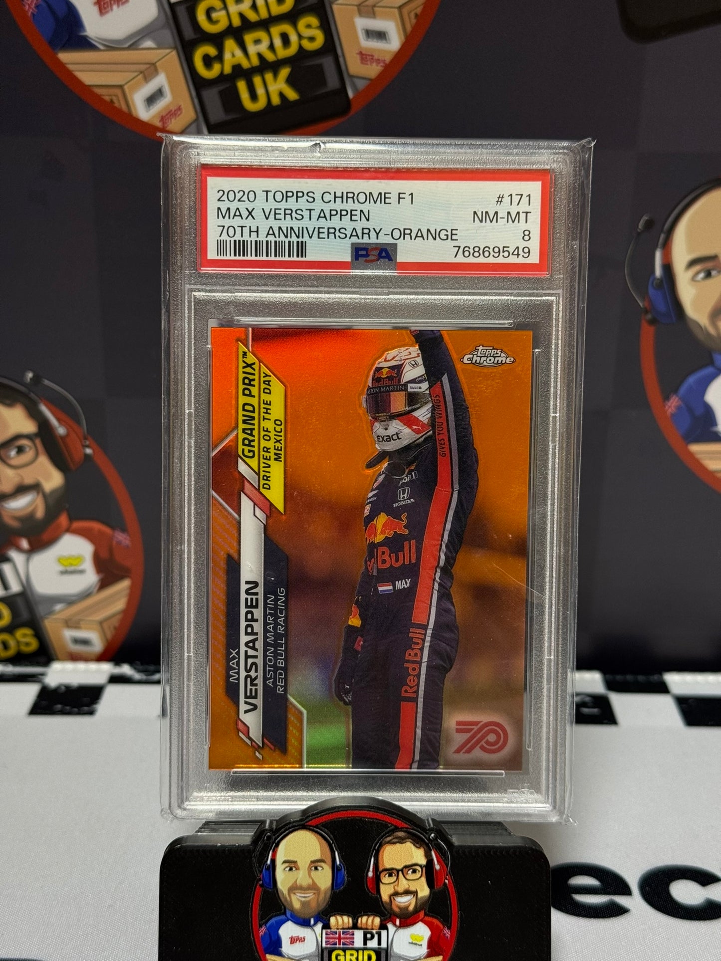 Max Verstappen Mexico Driver of the Day ORANGE 70th Anniversary - Topps 2020 Chrome - PSA 8