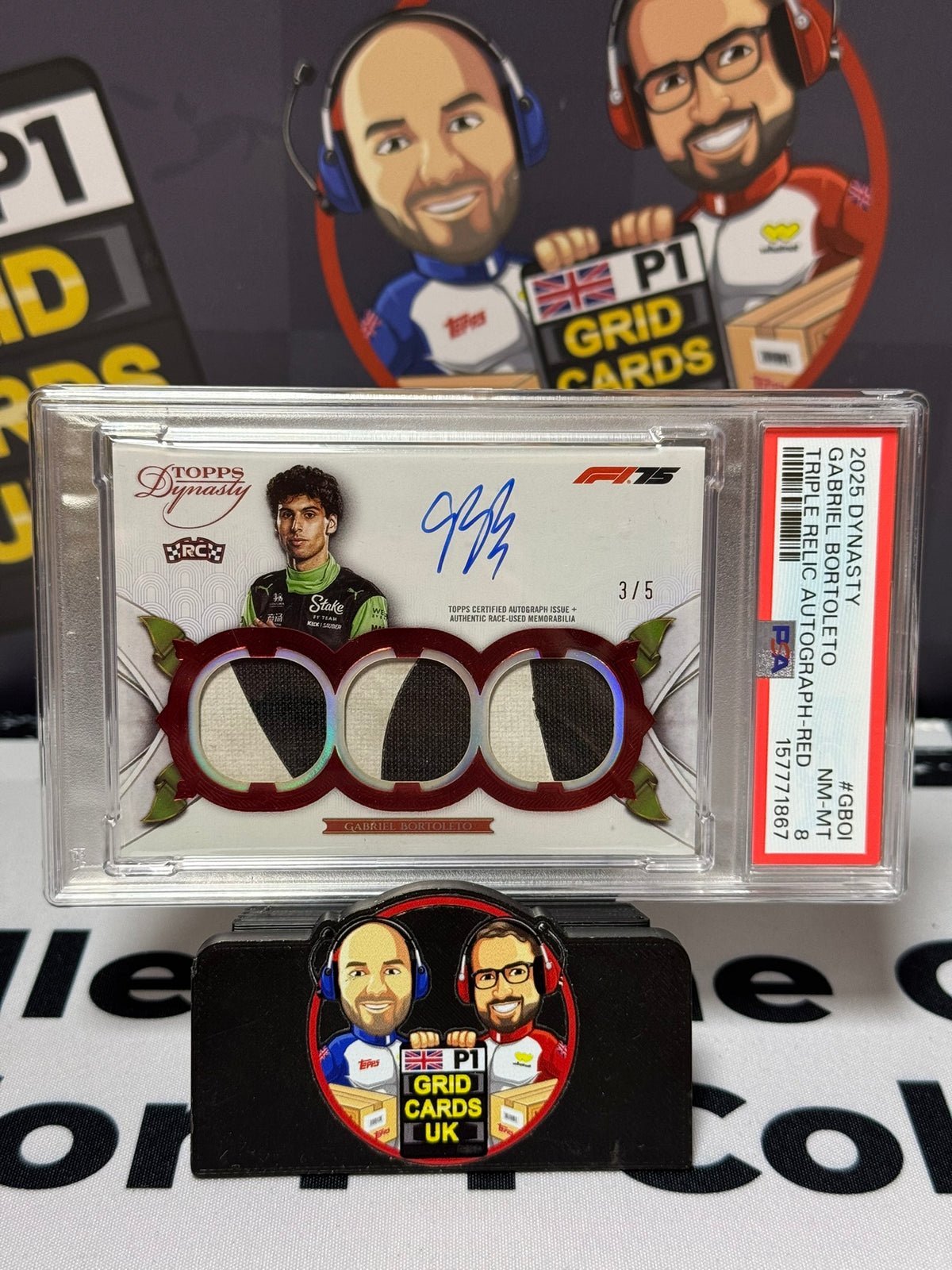 Gabriel Bortoleto Triple Relic AUTO RED 3/5 Rookie RC - Topps 2025 Dynasty - PSA 8