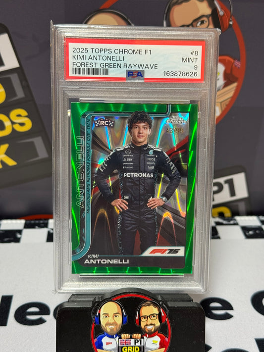 Kimi Antonelli GREEN RAYWAVE 43/99 Rookie RC #8 - Topps Chrome 2025 - PSA 9