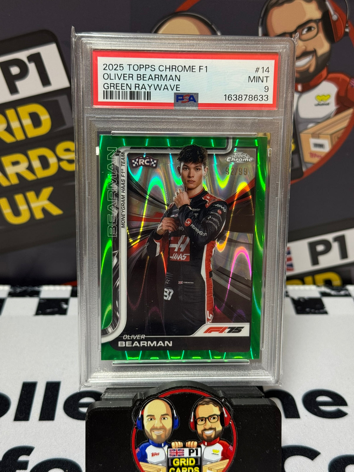 Oliver Bearman GREEN RAYWAVE 92/99 RC #14 - Topps Chrome 2025 - PSA 9